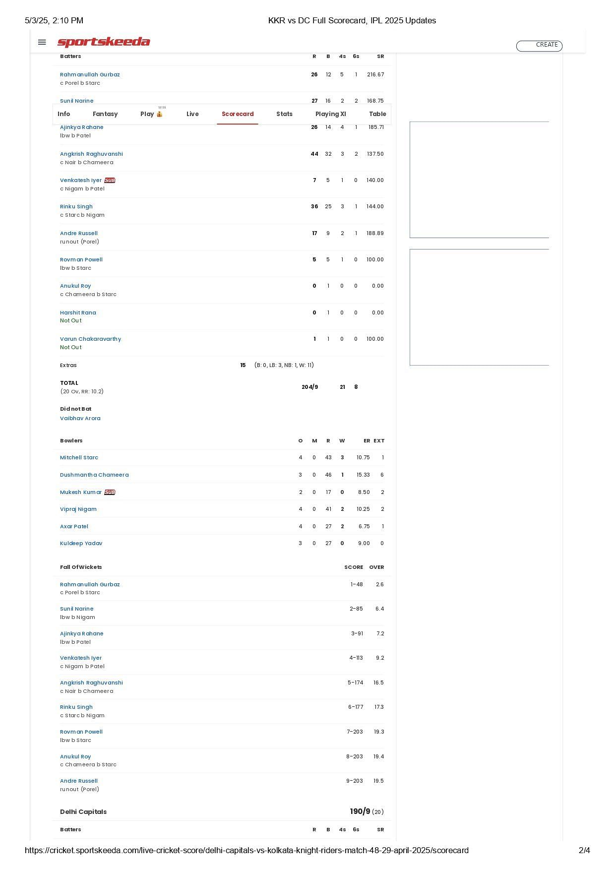 KKR vs DC 2025 scorecard.